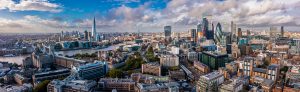 Aerial panoramic scene of the London city financial district