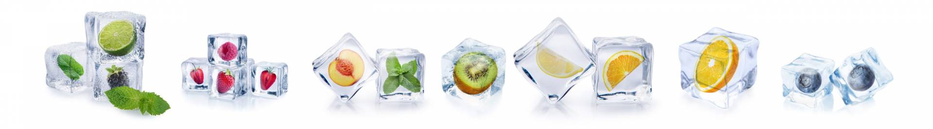 Set of ice cubes with different berries and fruits on white back